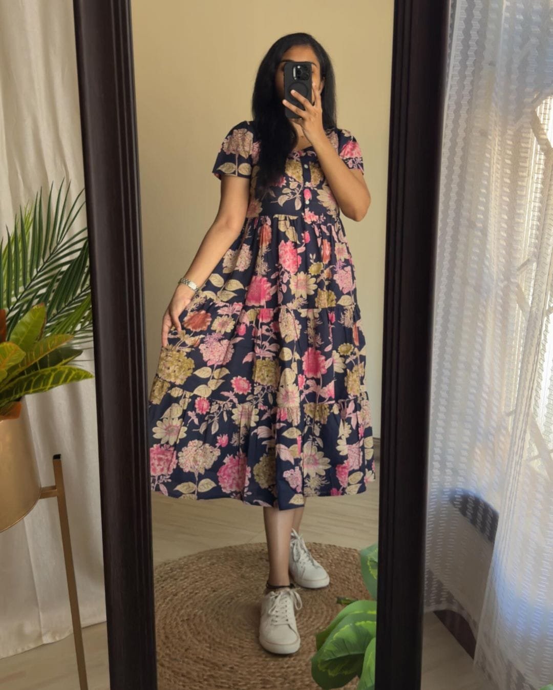 Blue Printed Cotton Midi Gown Dress